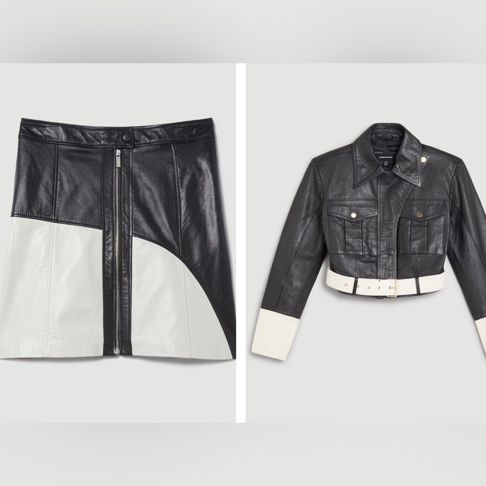 KAREN MILLEN SET Leather Contrast Cropped Biker Jacket / Mini Skirt Size 8 US